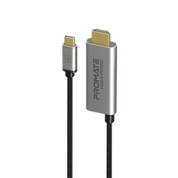 Promate 1.8M 4K Usb-C To Hdmi Cable With 100W Power Delivery Support. Gold Plated Connectors. Supports Max Res Up To 4K@60Hz (4096X2160). Plug & Play. Grey Colour.