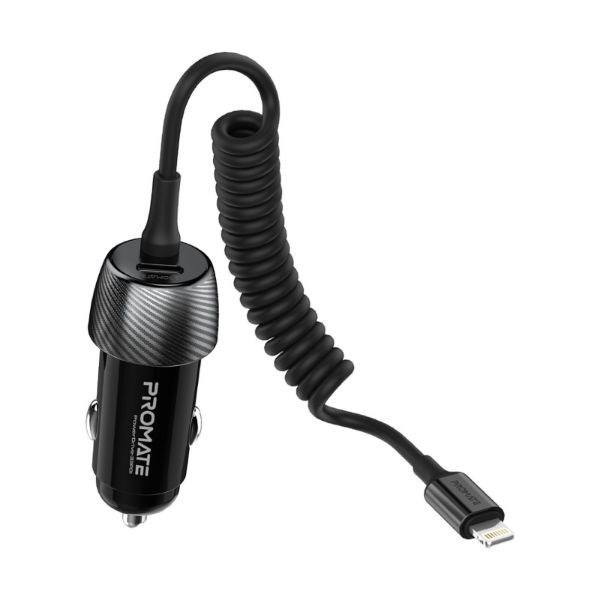 Promate 33W Car Charger With Lightning Cable And Usb-A Port. Qualcomm 3.0 18W Quick Charge. Over Charge And Short Circuit Protection Compatible With iPhones, iPads And iPods