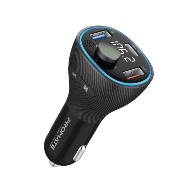 Promate Wireless In-Car FM Transmitter With Usb-C And Usb-A Ports. Hands Free With Built In MicroPhone. Stream Via Bluetooth Or Usb Flash Drive. Smart LCD Screen And 5M Operating Distance