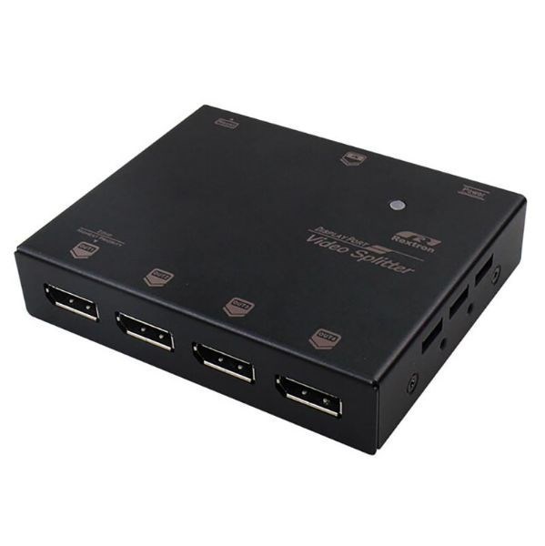 Rextron 1-4 Uhd Display Port Splitter. Supports 4K UHD@60Hz (3840x2160),QHD (2560X1440) & FHD (1920X1080). Output Port Supports DP++. Auto Edid Configuration. HDCP 1.4 And DP 1.3 Compliant