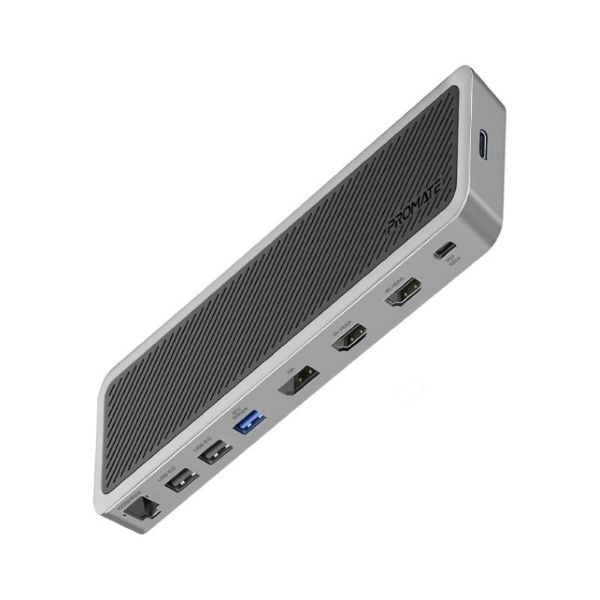 Promate 12-In-1 Multi-Port Hub. Includes 4X Usb-A & 1X Usb-C PD Port, 2X Hdmi Ports, 1X RJ45 Gig Port, 1X Display Port, SD/TF Card Slots, 1X Aux Port. Silver/Black Colour.