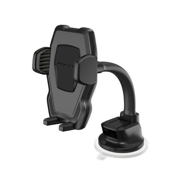 Promate Universal Smartphone Mount With Flexible Gooseneck. Includes Anti-Slip Suction Pad. Easy Quick Release. 360 Degree Swivel Head. Black Colour.