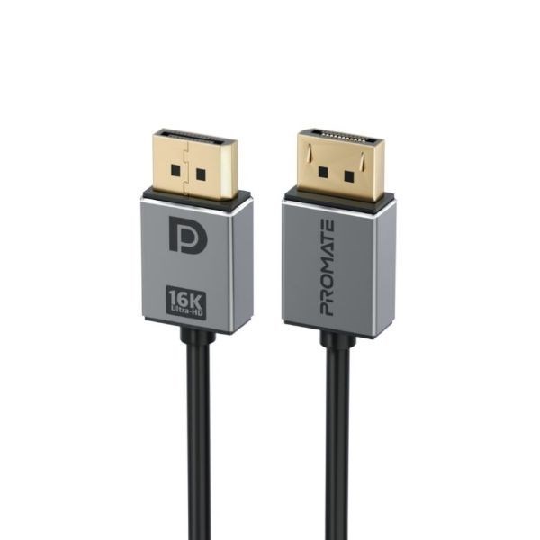 Promate 2M DisplayPort Cable. Supports Up To 16K@60Hz HD Res & 80Gbps Data Transfer Speed. Secure Clip Lock. Grey/Black Colour.