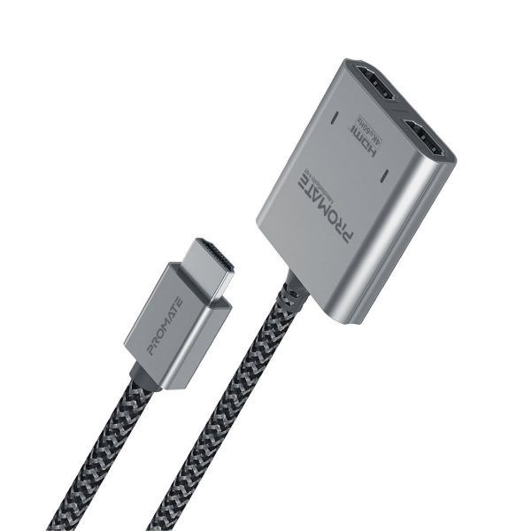 Promate 2-In-1 Hdmi Splitter With 1M Cable & Dual Hdmi Outputs. Supports Up To 4K@60Hz Uhd Res. Easy Plug & Play. Silver/Black Colour.