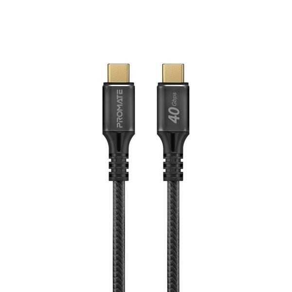 Promate 1M Usb-C To Usb-C Cable. Supports Thunderbolt 3, 240W Super Speed Fast Charging, 40Gbps Data, & 8K@60Hz Res. Nylon Braided. Protects Against Over Charging. Black Colour.