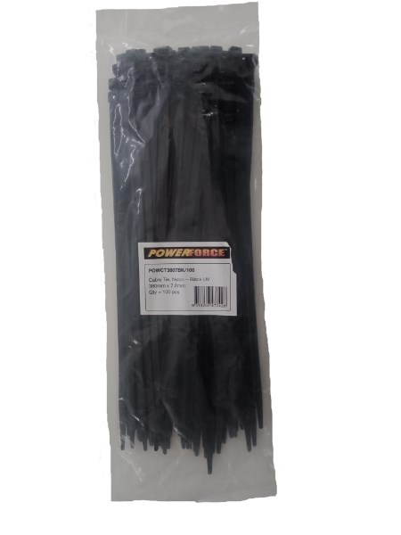 Powerforce Cable Tie Black 380mm X 7.6mm Nylon UV 100pk