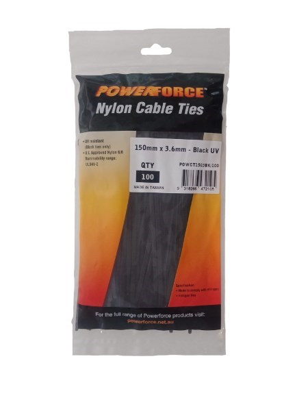 Powerforce Cable Tie Black 150MM X 3.6MM Nylon Uv 100PK