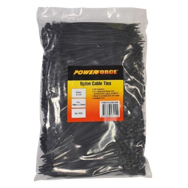 Powerforce Cable Tie Black 150MM X 3.6MM Nylon Uv 1000PK