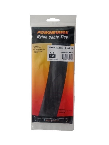Powerforce Cable Tie Black 200MM X 2.8MM Nylon Uv 100PK November Monster Sale Extended!