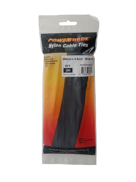 Powerforce Cable Tie Black 200MM X 4.8MM Nylon Uv 100PK