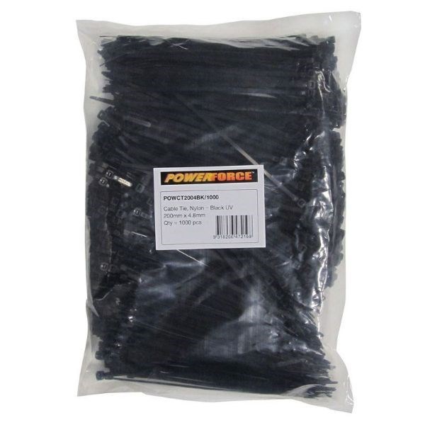 Powerforce Cable Tie Black 200MM X 4.8MM Nylon Uv 1000PK November Monster Sale Extended!