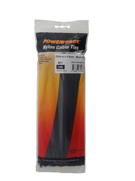 Powerforce Cable Tie Black 250MM X 4.8MM Nylon Uv 100PK November Monster Sale Extended!