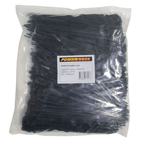 Powerforce Cable Tie Black 250MM X 4.8MM Nylon Uv 1000PK November Monster Sale Extended!