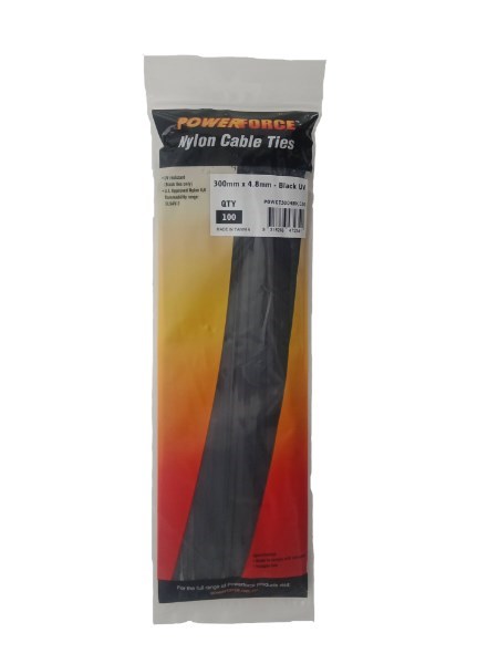 Powerforce Cable Tie Black 300MM X 4.8MM Nylon Uv 100PK