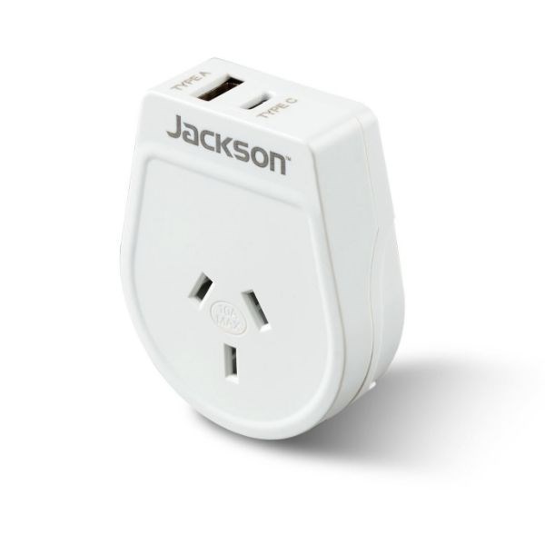 Jackson Slim Outbound Travel Adaptor 1X Usb-A And 1X Usb-C (2.1A) Charging Ports. Converts Nz/Aus Plugs For Use In Usa, Canada & More.