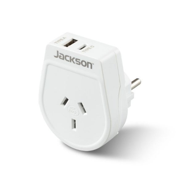 Jackson Slim Outbound Travel Adaptor 1X Usb-A And 1X Usb-C (2.1A) Charging Ports. Converts Nz/Aus Plugs For Use In Europe, Bali & More.