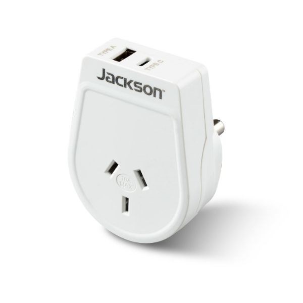 Jackson Slim Outbound Travel Adaptor 1X Usb-A And 1X Usb-C (2.1A) Charging Ports. Converts Nz/Aus Plugs For Use In South Africa & Parts Of India.