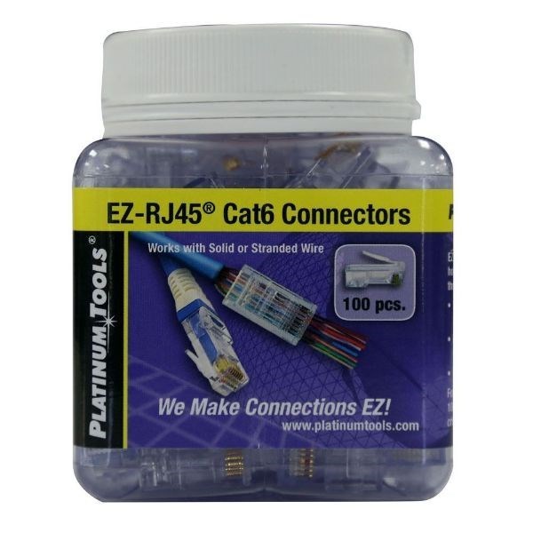 Platinum Tools Cat6 Ez-Rj45 Plug. Easy Install RJ45 Plug For Cat6 Solid Or Stranded Cable. One Piece Design. 100PC Jar.
