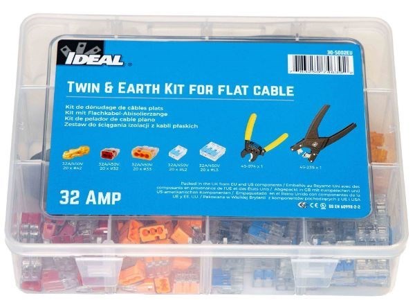 Ideal Industries Twin And Earth 32A Kit For Flat Cable. Box Of 100 Includes 1X Flat Cable Stripper, 1X Cutter, 20X Splice Line, 20X Each Of 2 And 3 Push In Wire, 20X Each 2 And 3 Port Lever Wire.