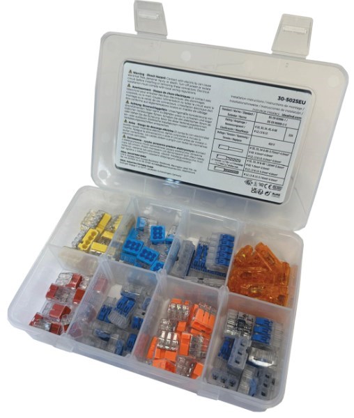 Ideal Industries Push-In And Lever Wire Connector Kit. Box Of 80 Includes 10X Of Each 2 And 3 Port (Lever And Push-In), 5X 5 Port Lever, 10X Of Each 4 And 6 Ports Push-In And 15X Spliceline.
