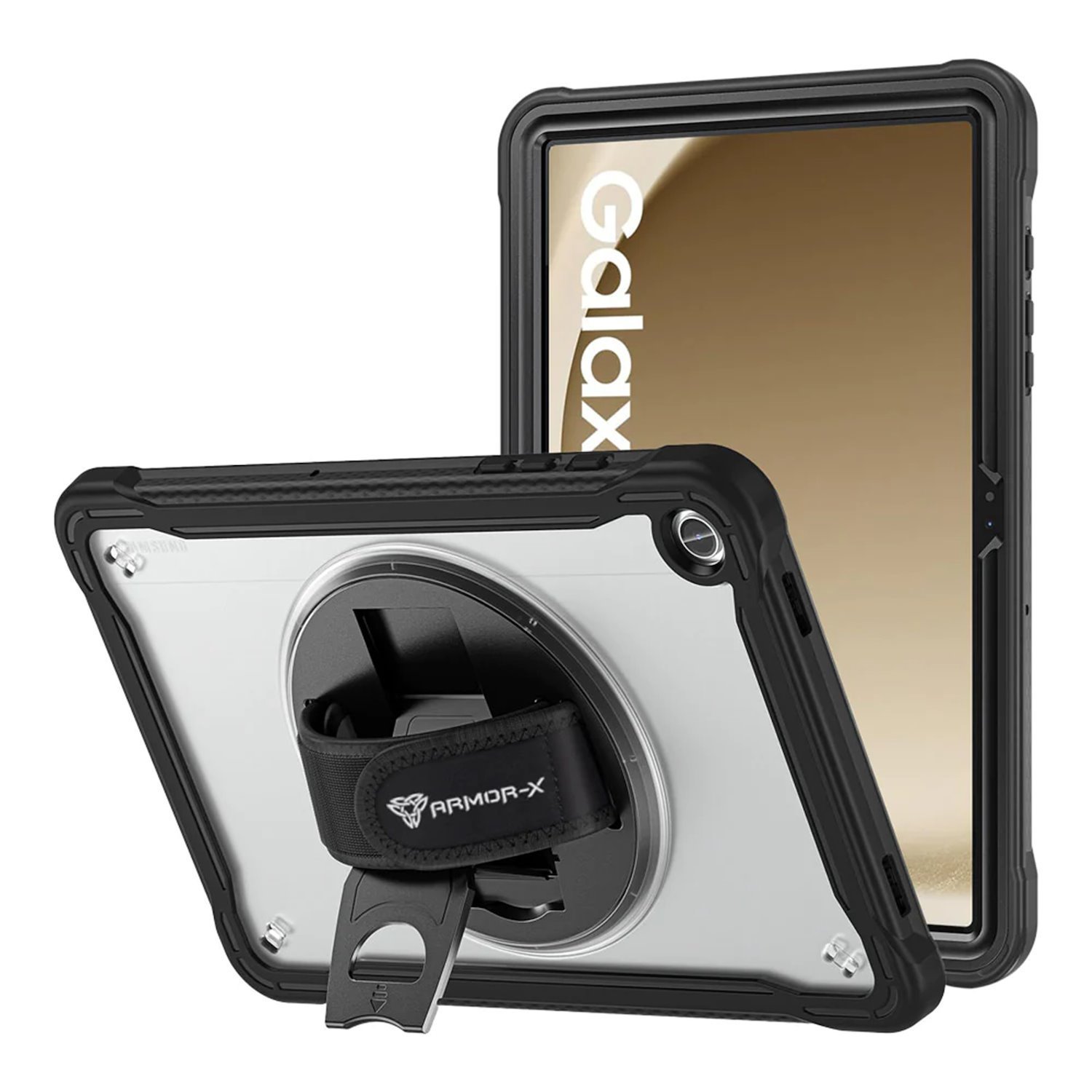 Armor-X (HLN Series) 2 Layers Protective Rugged Tablet Case - (Black) with Hand Strap and Kick-Stand for Samsung Galaxy Tab A9+ (SM-X210, SM-X216)