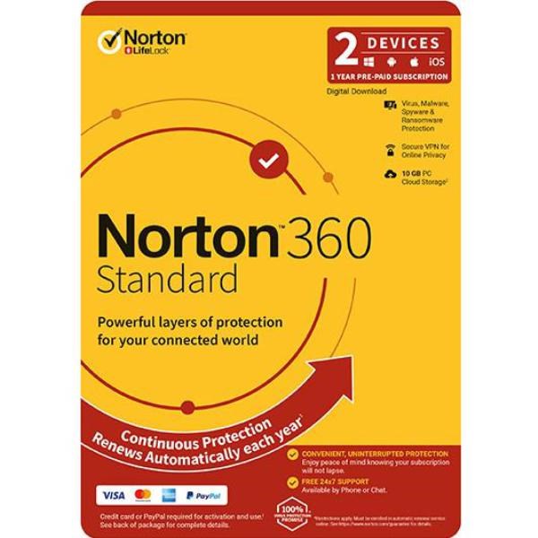 Norton 360 Standard, 10GB, 1 User, 2 Devices, 12 Months, PC, Mac, Android, Ios, DVD, Oem, Subscription