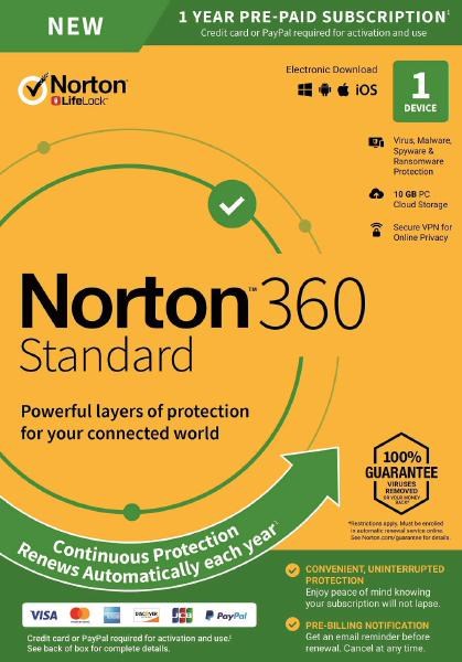 Norton 360 Standard, 10GB, 1 User, 1 Device, 12 Months, PC, Mac, Android, Ios, DVD, VPN, Parental Controls, Retail Edition, Subscription