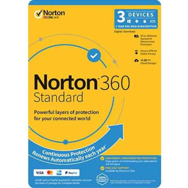Norton 360 Standard, 10GB, 1 User, 3 Devices, 12 Months, PC, Mac, Android, Ios, DVD, Oem, Subscription