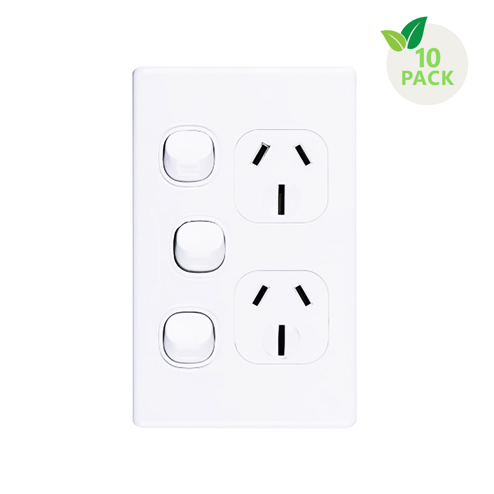 4Cabling 4C | Elegant Double Power Point 250V 10A With Extra Switch - Vertical - 10 Pack With 10 Free C-Clips