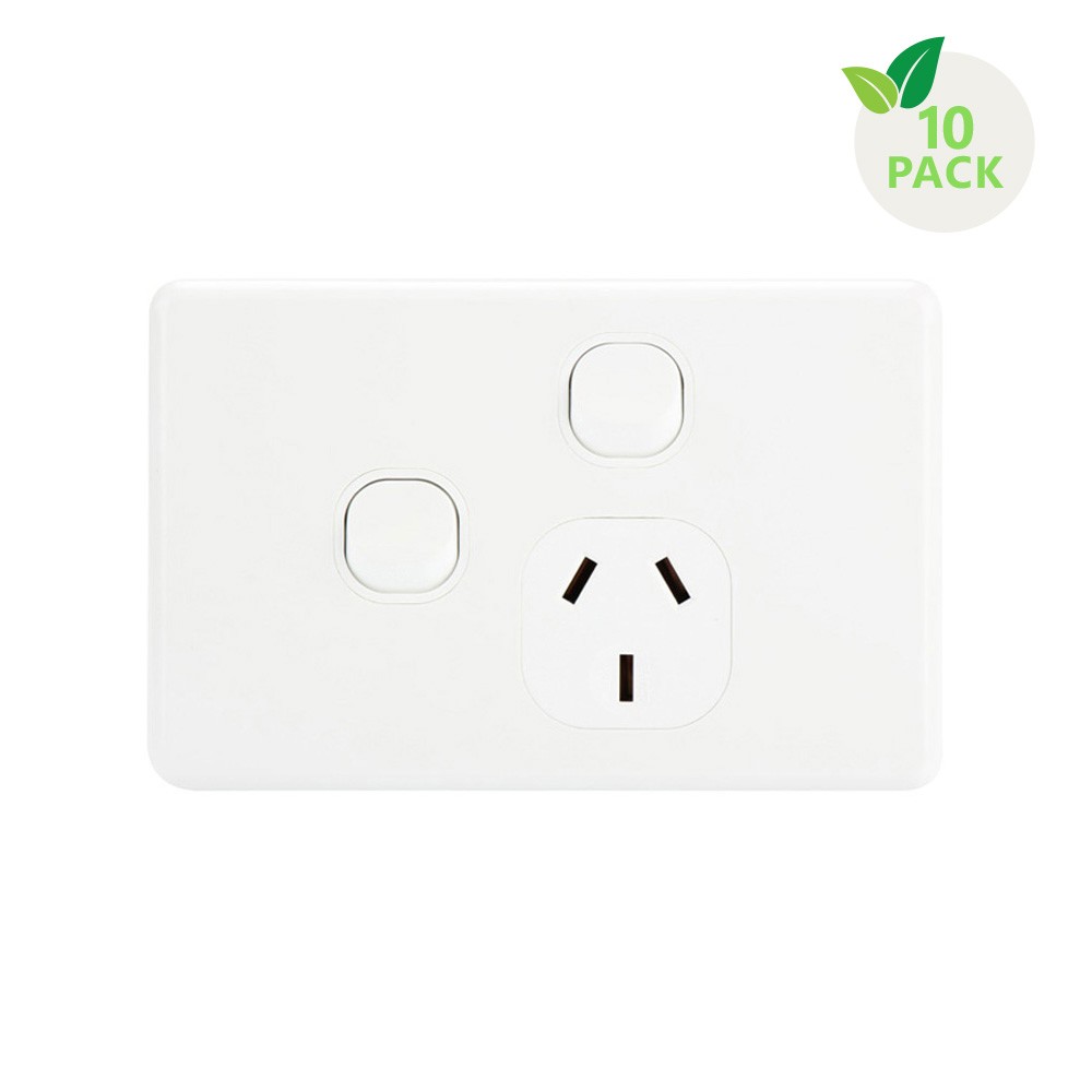 4Cabling 4C | Classic Single Power Point 250V 10A With 16Ax Extra Switch - Horizontal - 10 Pack With 10 Free C-Clips