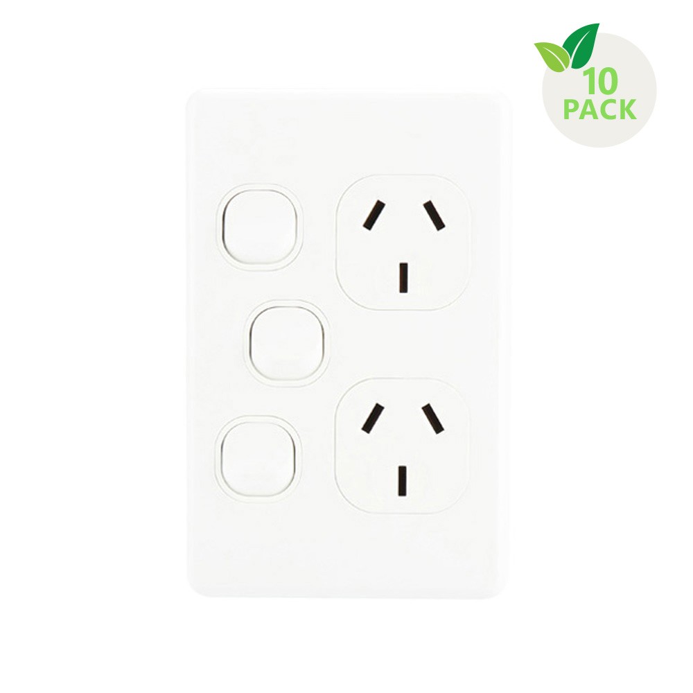 4Cabling 4C | Classic Double Power Point 250V 10A With 16Ax Extra Switch - Vertical - 10 Pack With 10 Free C-Clips