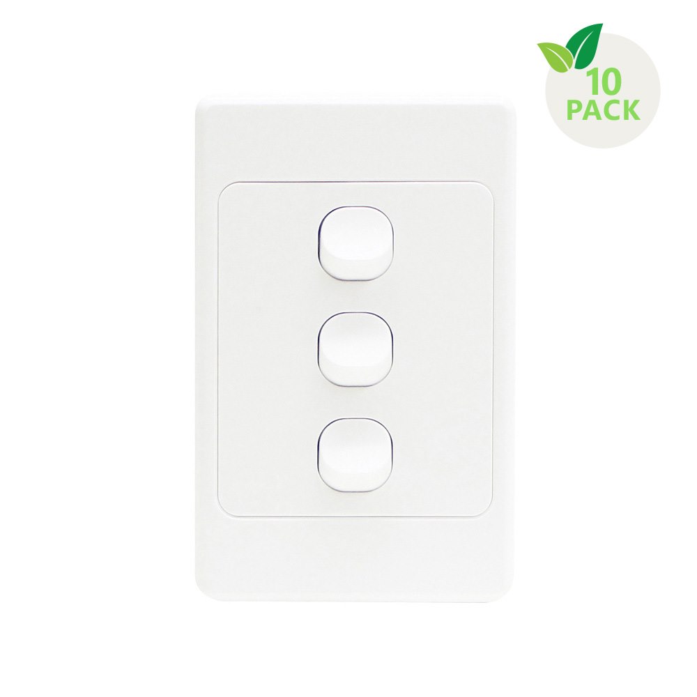 4Cabling 4C | Ultima 3 Gang Switch 250V 16Ax - Vertical - 10 Pack With 10 Free C-Clips