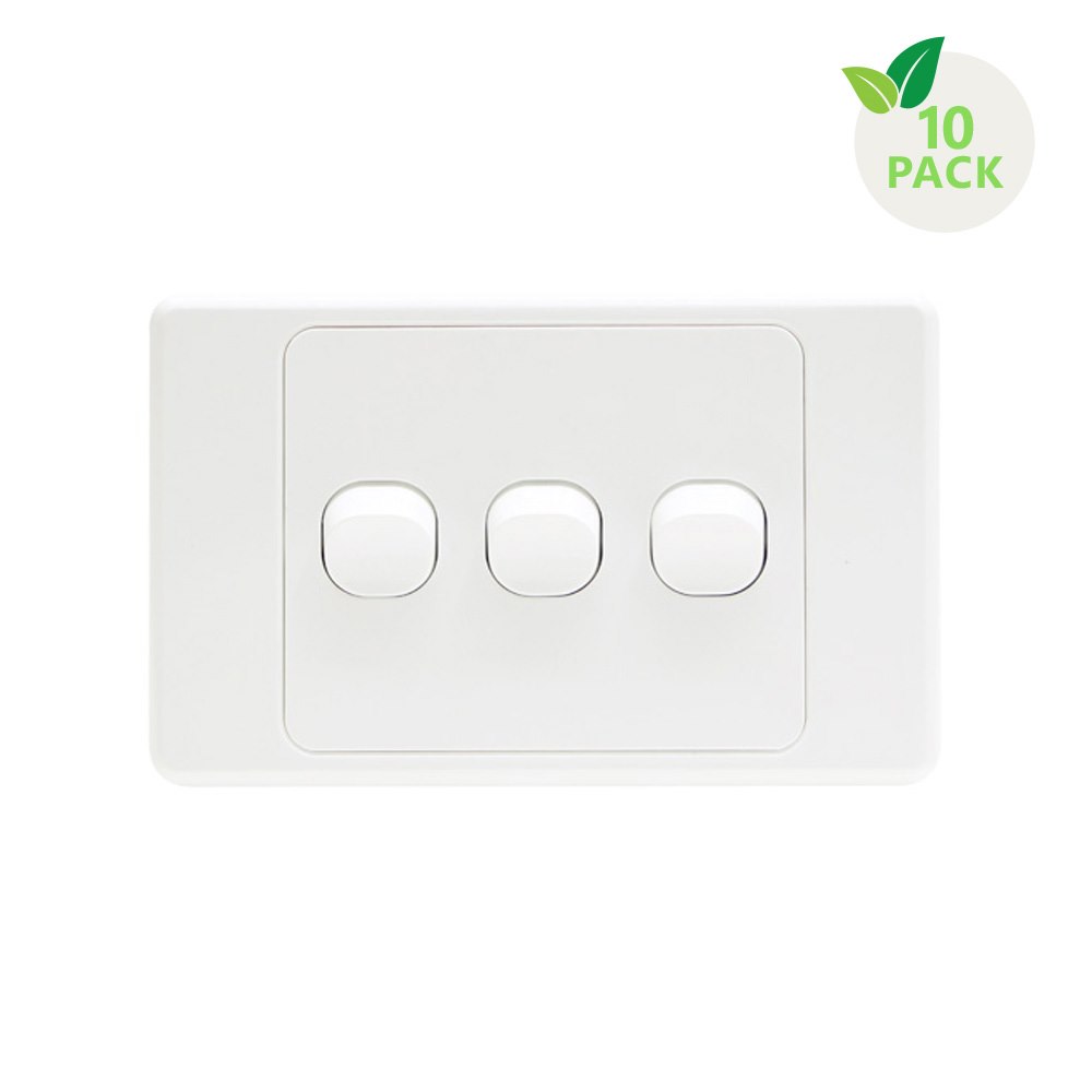 4Cabling 4C | Ultima 3 Gang Switch 250V 16Ax - Horizontal - 10 Pack With 10 Free C-Clips