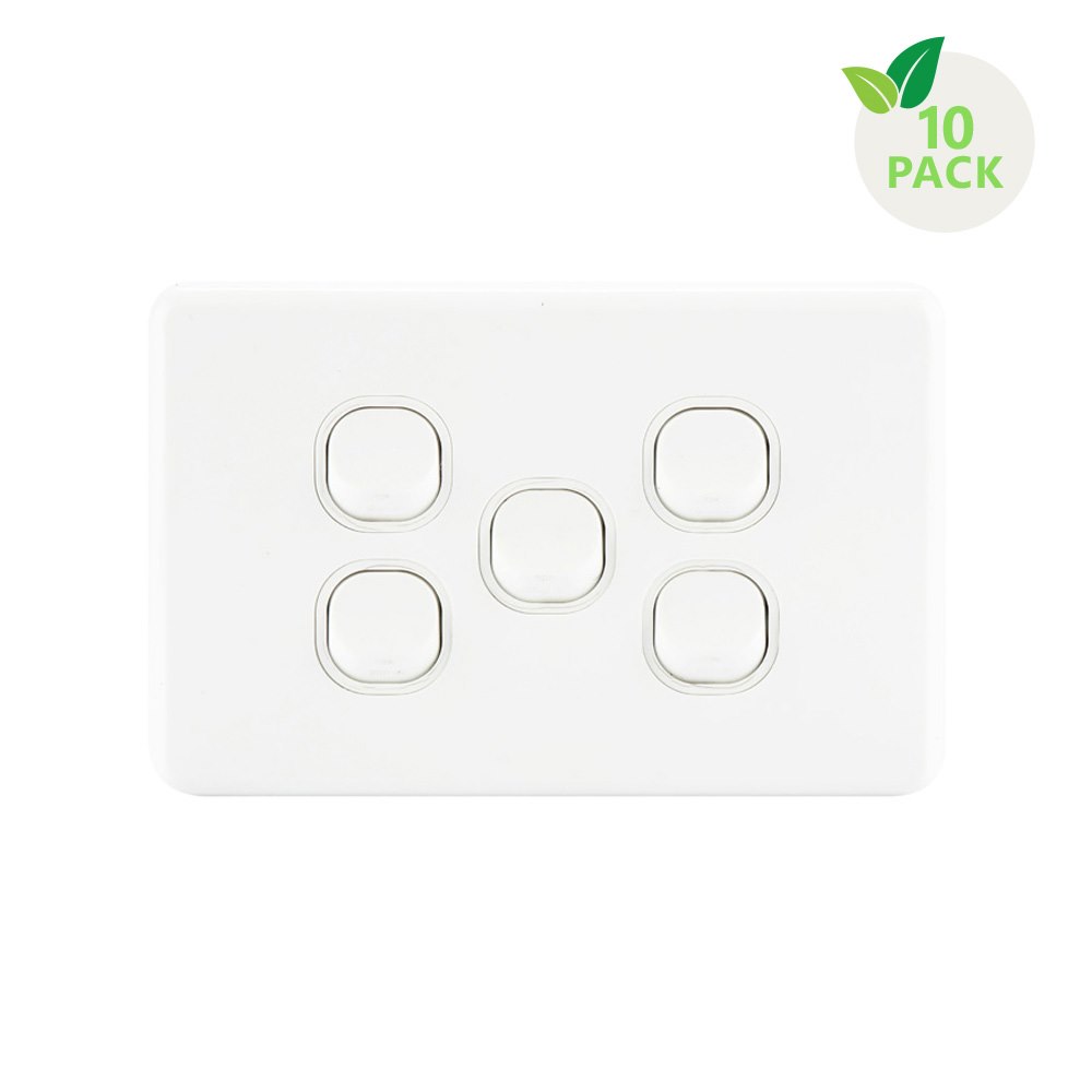 4Cabling 4C | Classic 5 Gang Switch 250V 16Ax - Horizontal - 10 Pack With 10 Free C-Clips