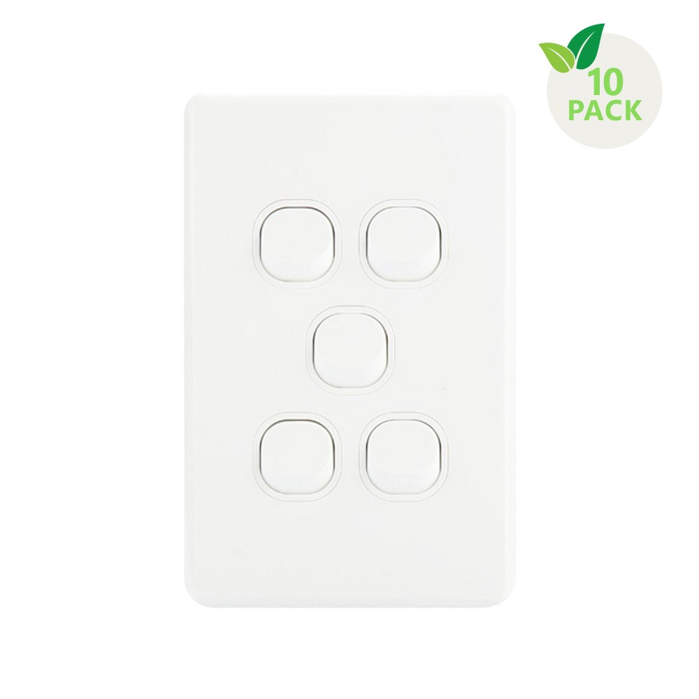 4Cabling 4C | Classic 5 Gang Switch 250V 16Ax - Vertical - 10 Pack With 10 Free C-Clips