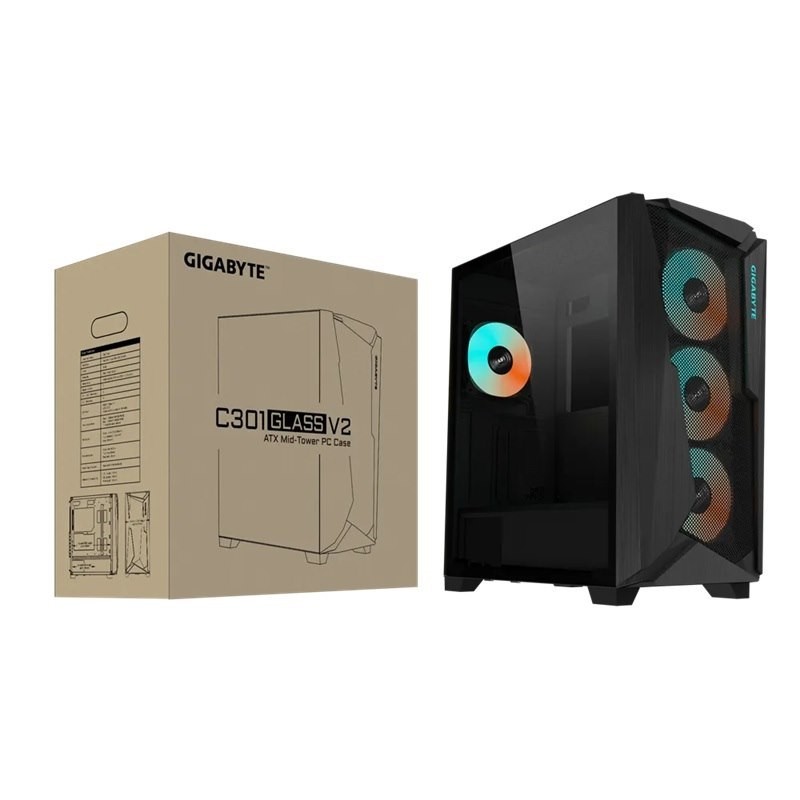 Gigabyte C301G Mid PC Case, RGB, Usb-C, Usb(2), Audio, Glass Side Panel, Black, Atx