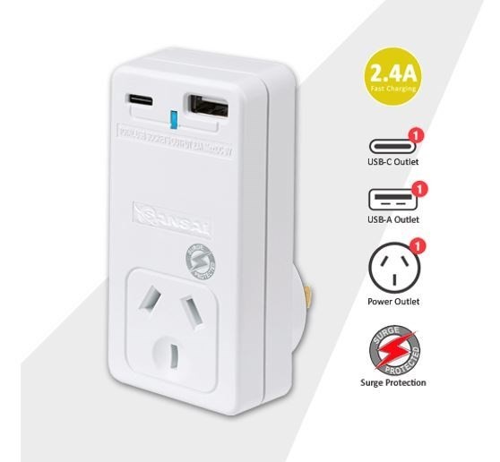 Generic Sansai Usb C + A 2xUSB Charging Outlets Power Adaptor 240V 10A Surge Protection Power Status Indicator Wall Charger
