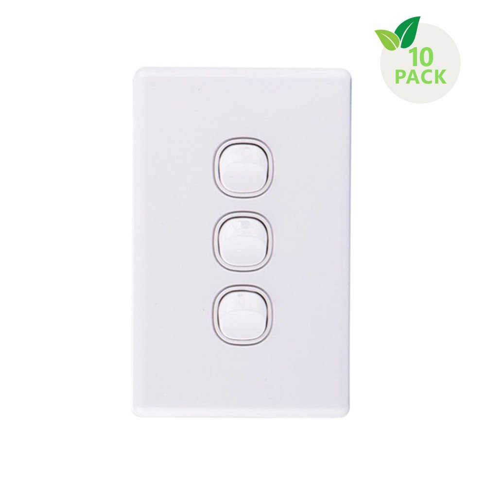 4Cabling 4C | Elegant Wall Switch 3 Gang 250V 16A - Vertical - 10 Pack With 10 Free C-Clips