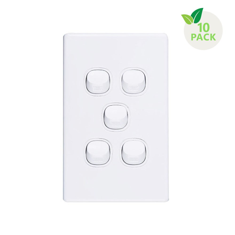 4Cabling 4C | Elegant Wall Switch 5 Gang 250V 16A - Vertical - 10 Pack With 10 Free C-Clips