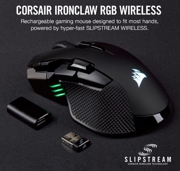 Corsair Ironclaw RGB Wireless, Fps/Moba 18,000 Dpi, Slipstream Corsair Wireless Technology Gaming Mouse