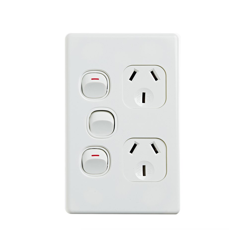 4Cabling 4C | Elegant Double Power Point 250V 10A With Extra Switch - Vertical