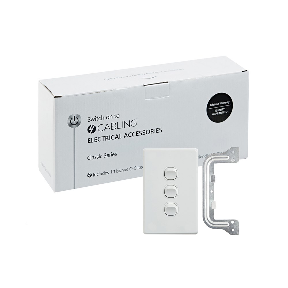 4Cabling 4C | Classic 3 Gang Switch 250V 16Ax - Vertical - 10 Pack With 10 Free C-Clips