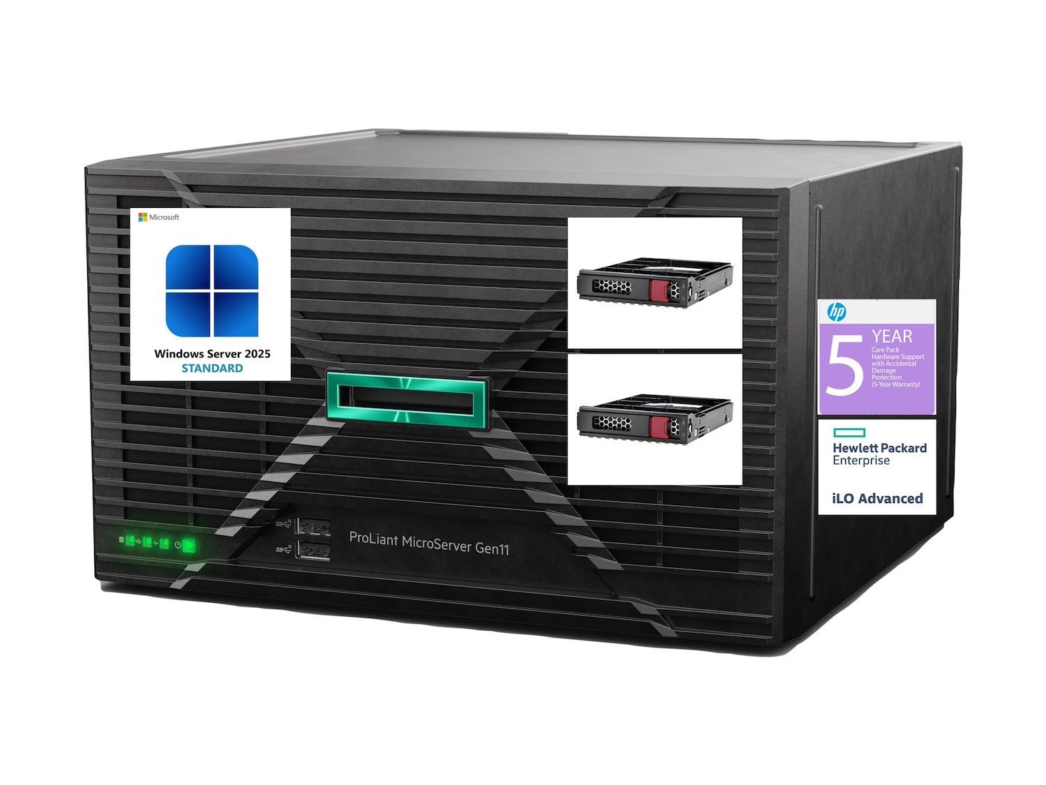 HPE ProLiant MicroServer Gen11 Bundle, 480GB SSD Windows Server 2025 ESS, ILO, 5 year care pack