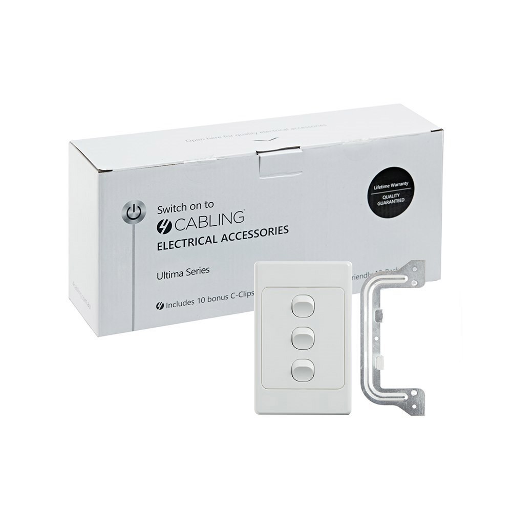 4Cabling 4C | Ultima 3 Gang Switch 250V 16Ax - Vertical - 10 Pack With 10 Free C-Clips