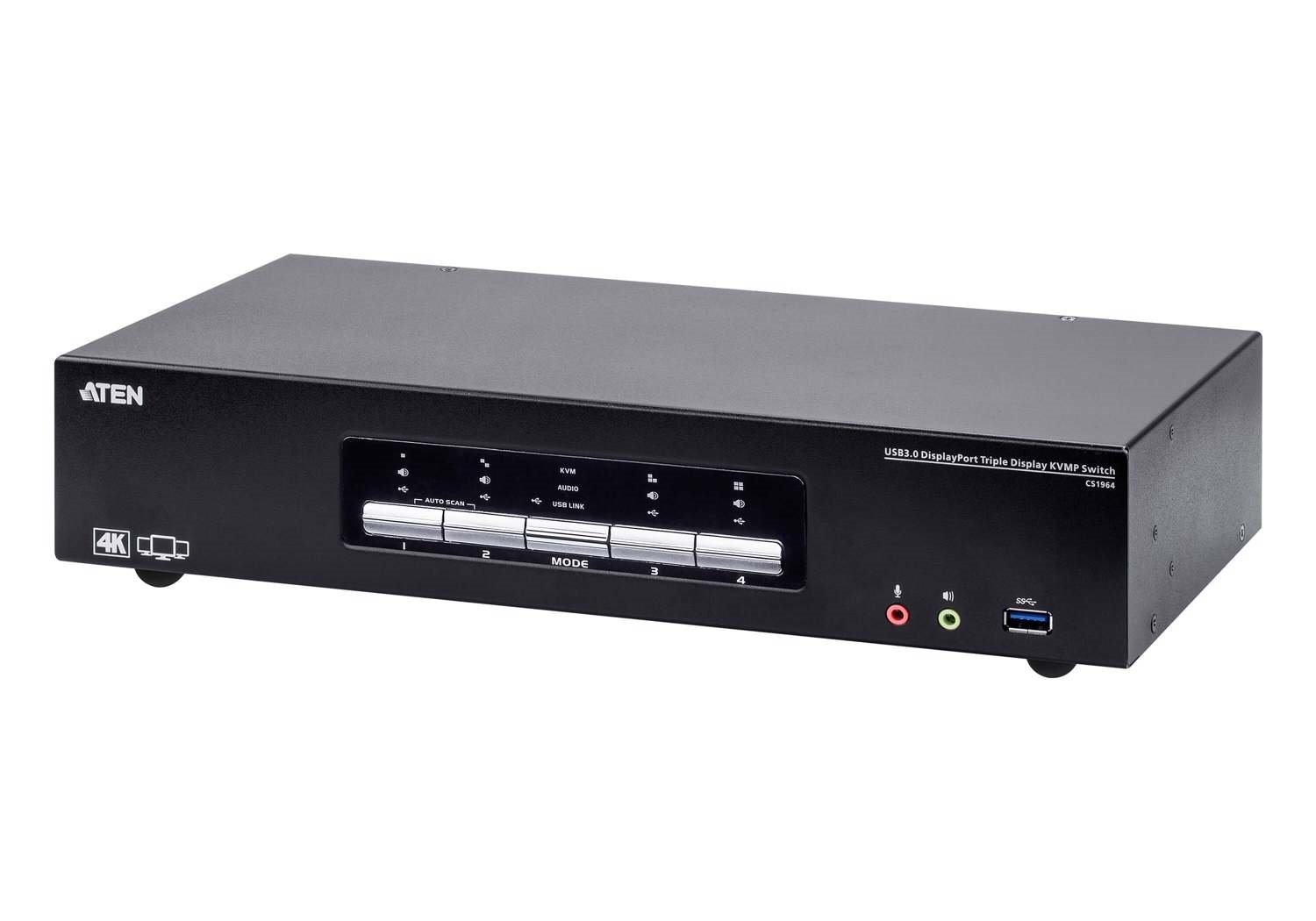 Aten Desktop KVMP Switch 4 Port Triple Display 4K DisplayPort W/ Audio, Cables Included, 2X Usb Port, Selection Via Front Panel