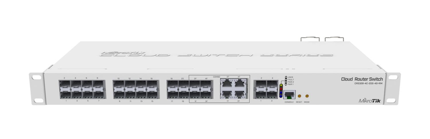MikroTik (CRS328-4C-20S-4S+RM) Smart Switch; 20 x SFP cages, 4 x SFP+ cages, 4 x Combo ports (Gigabit Ethernet or SFP), 800MHz CPU, 512MB RAM, 1U rackmount case, Dual Power Supplies, RouterOS L5 or SwitchOS (Dual Boot)