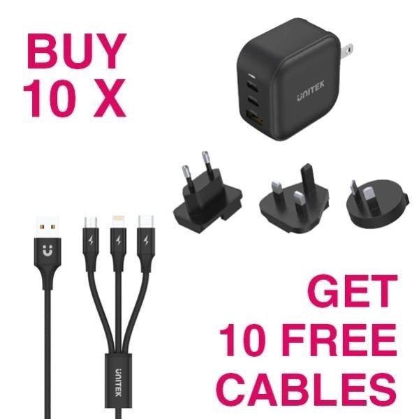 Unitek Kit- Buy 10 X Unitek PD66W GaN 3-Port Travel Chargers (Black) + 10 X Free Unitek 1.2M 3-In-1 Usb-A To USB-C/microUSB/Lightning Cables (Black)