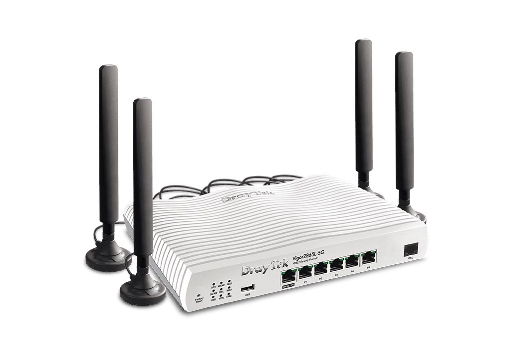 Draytek Vigor2865L-5G (DV2865L5G) Multi-WAN router with a 5G modem & 2 x SIM card slots, 1 x VDSL2 35b/ADSL2+ modem, 1 x configurable GbE WAN/LAN port, 5 x GbE LAN ports, SPI Firewall, and support VigorACS 3; 32 x VPN tunnels including 16 x OpenVPN/SSL-VPN tunnels