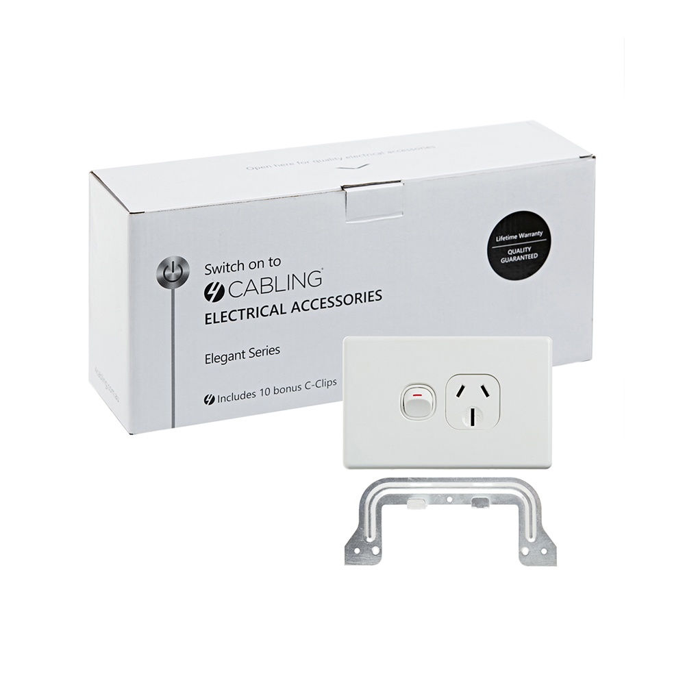4Cabling 4C | Elegant Single Power Point 250V 15A - Horizontal - 10 Pack With 10 Free C-Clips