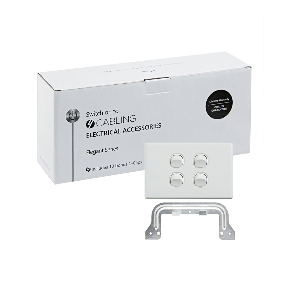 4Cabling 4C | Elegant Wall Switch 4 Gang 250V 16A - Horizontal - 10 Pack With 10 Free C-Clips
